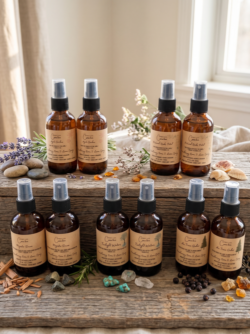 Aromatherapy Room and Linen Sprays in amber bottles displayed on rustic barnwood scene. Michigan Made. Small Batch. Spirit Led Creative. 