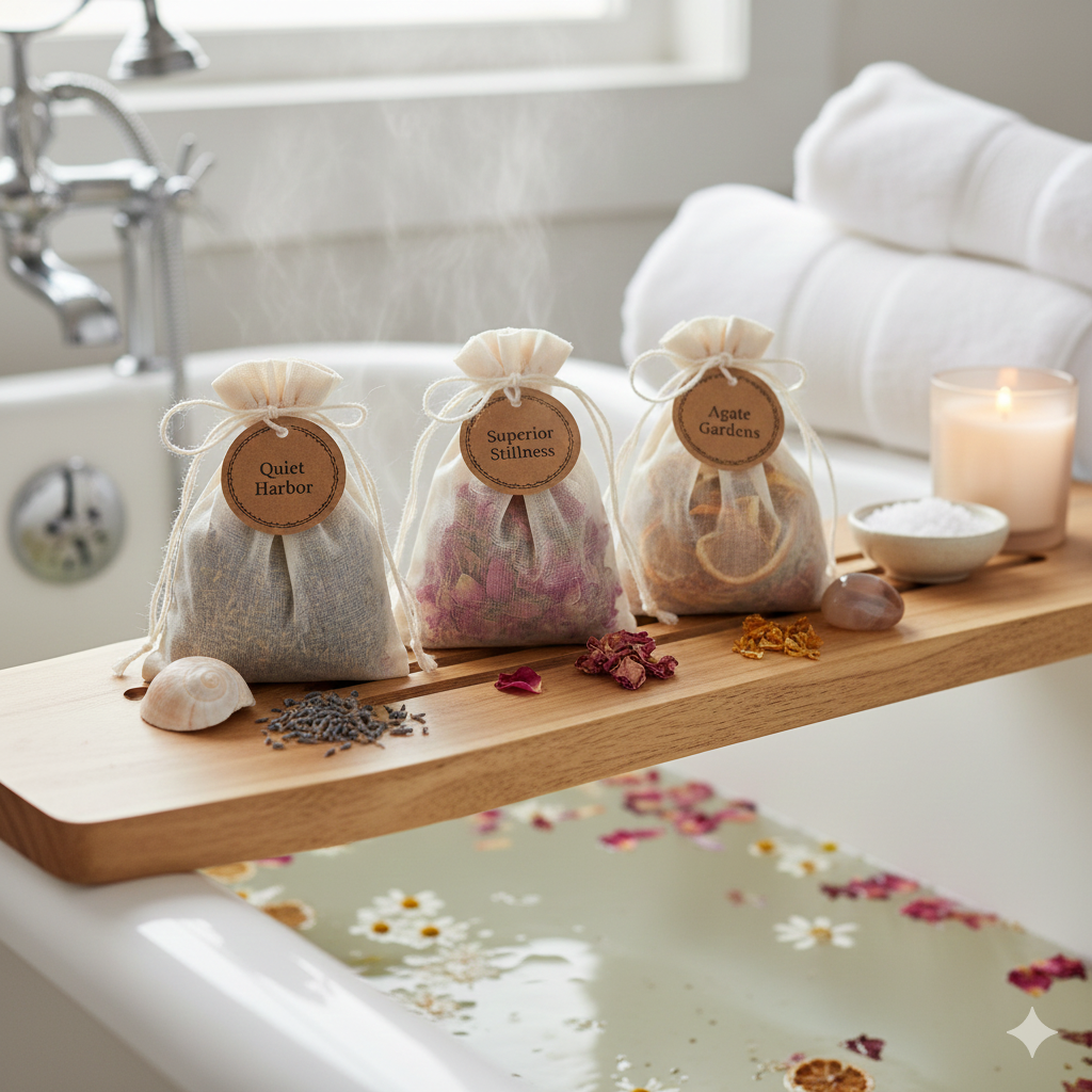 Aromatherapy Bath Tea Ritual | Quiet Harbor • Superior Stillness • Agate Gardens • Honeyfield Rest