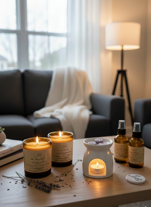 Spirit Led Creative Candles, room spray, and wax melts in a living room