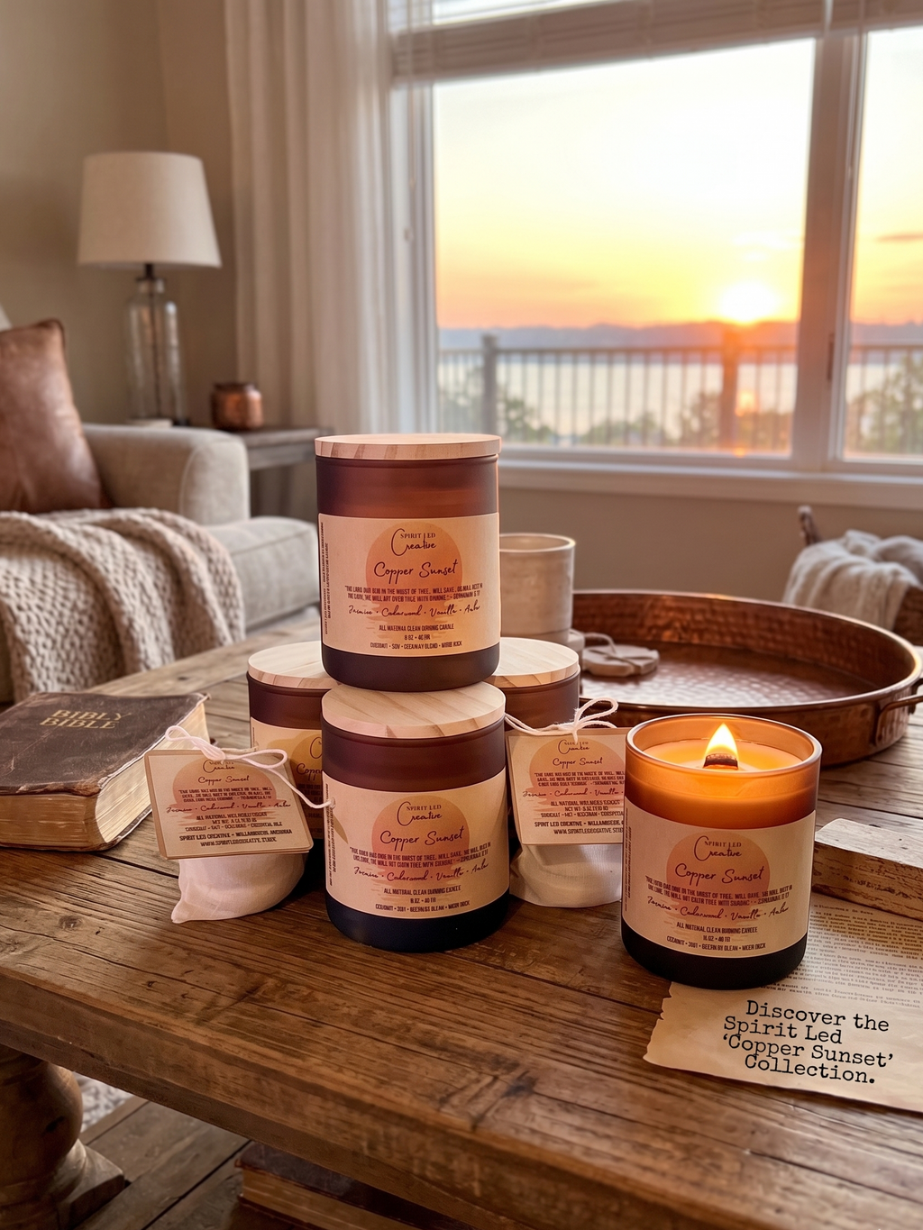 Copper Sunset candles and wax melts in a room with Bible, sunset through the window, and copper elements. Spirit Led Creative. Small Batch. Michigan Made