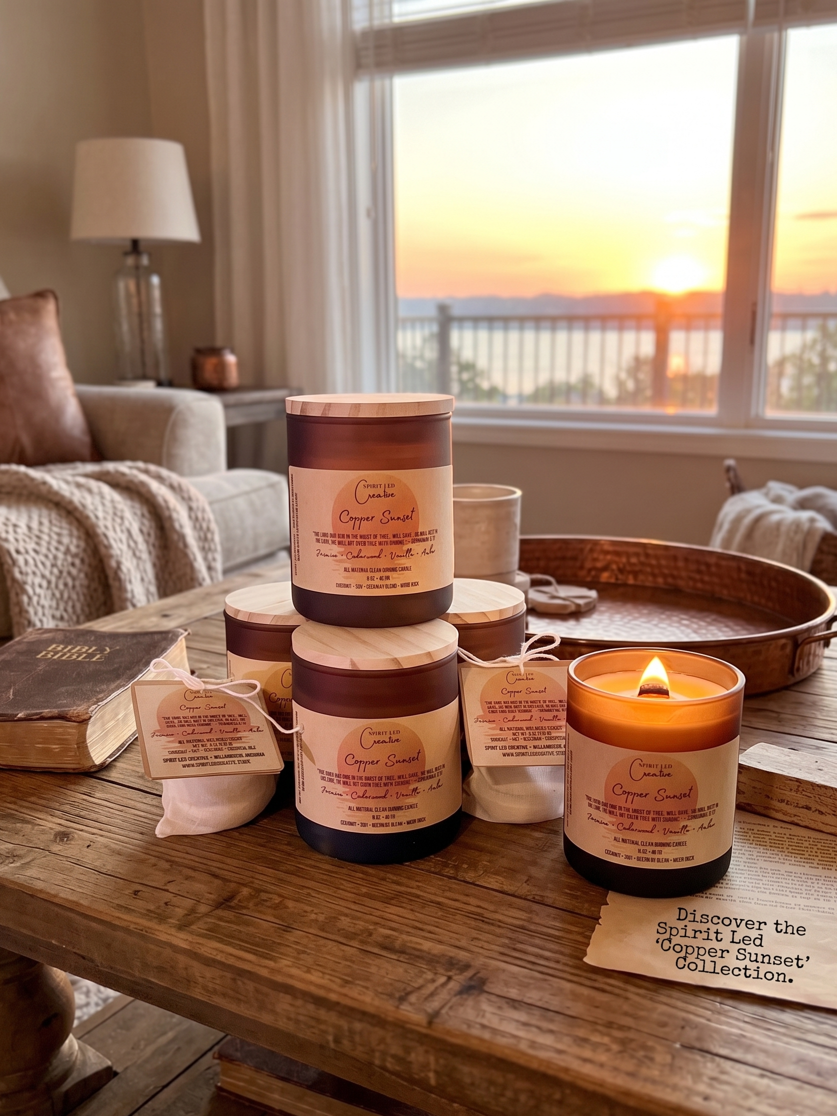Copper Sunset candles and wax melts in a room with Bible, sunset through the window, and copper elements. Spirit Led Creative. Small Batch. Michigan Made