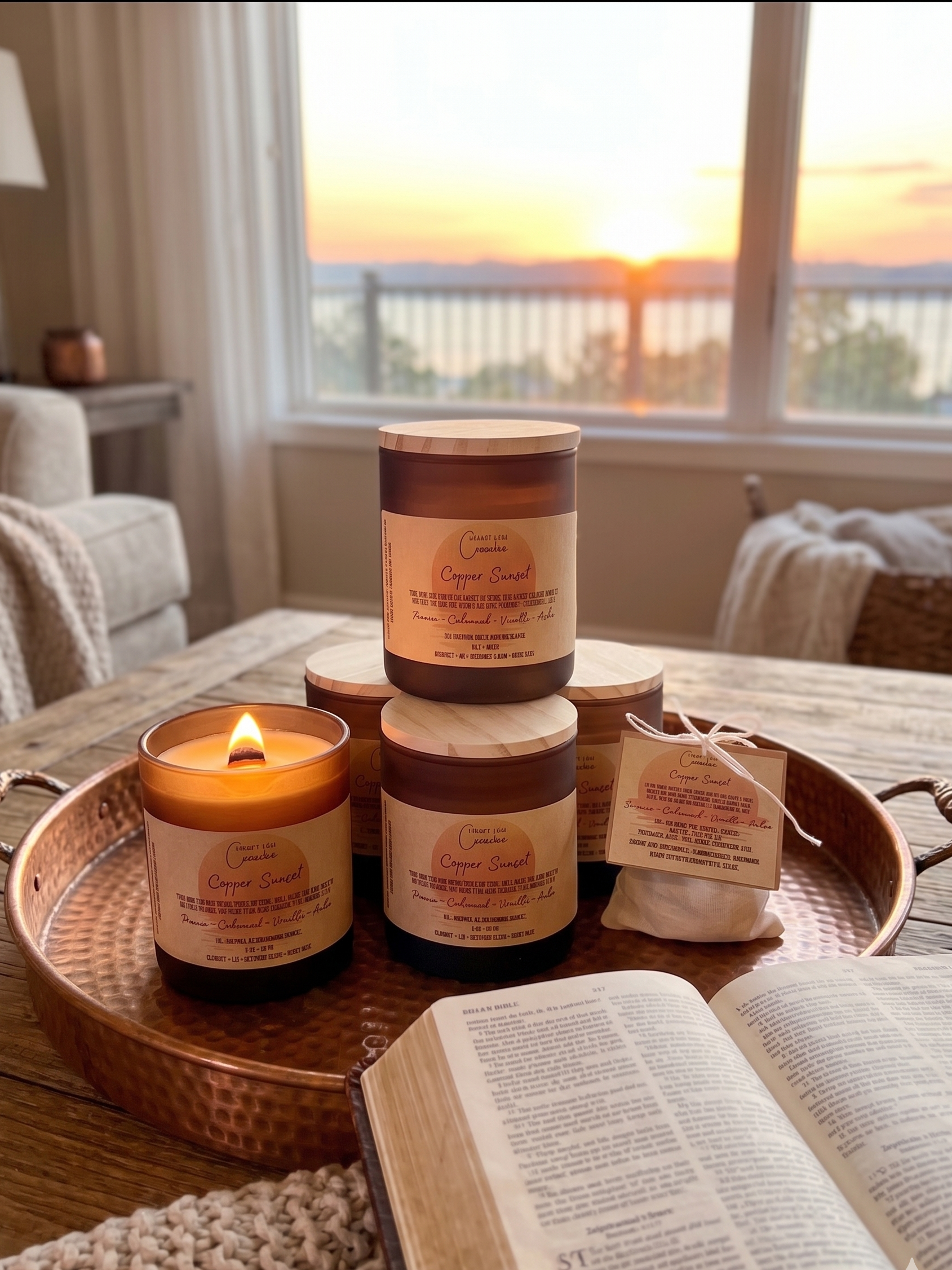 Copper Sunset Candles and Wax Melts in a room with sunset in the background window and copper elements. Wood Wick flame. Bible open. Small Batch. Michigan Made. Spirit Led Creative. 