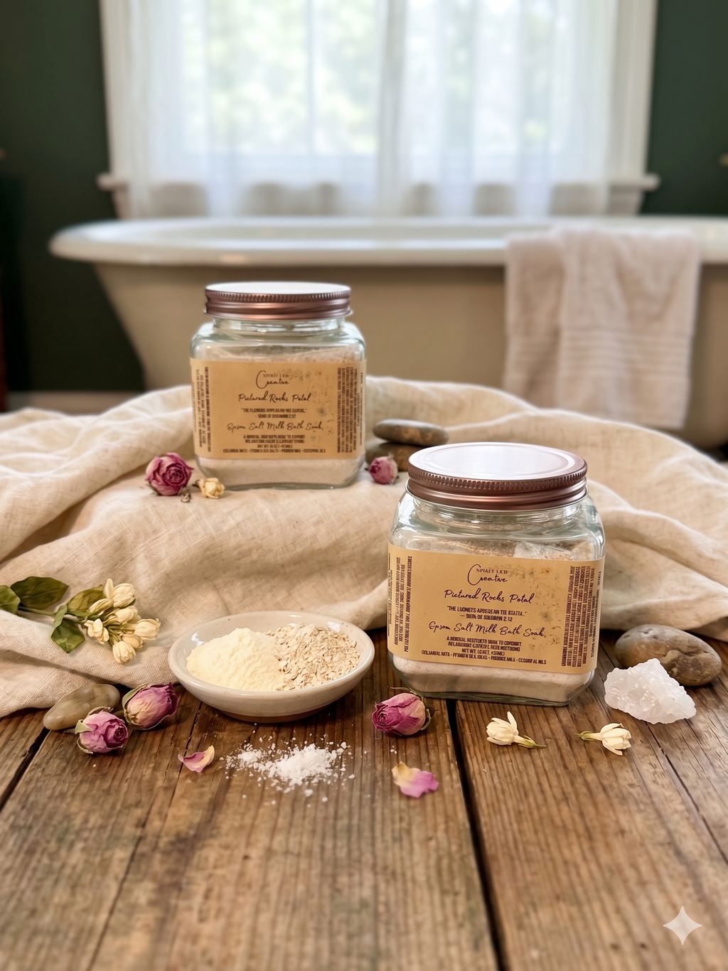 Bath soak made with Epsom and Sea Salt, Colloidal Oats, Powdered Milk, and Baking soda with Essential Oils. 