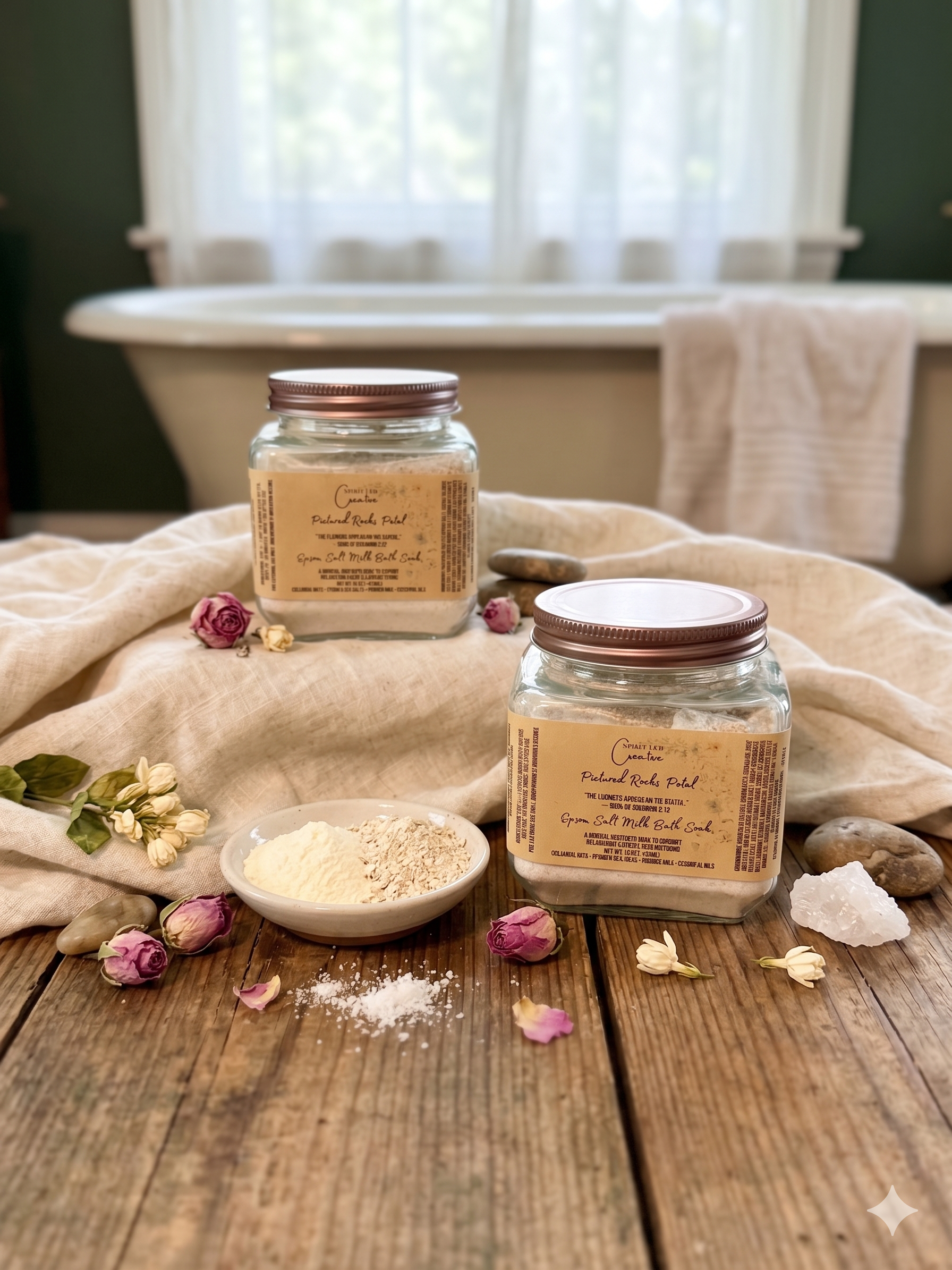 Bath soak made with Epsom and Sea Salt, Colloidal Oats, Powdered Milk, and Baking soda with Essential Oils. 