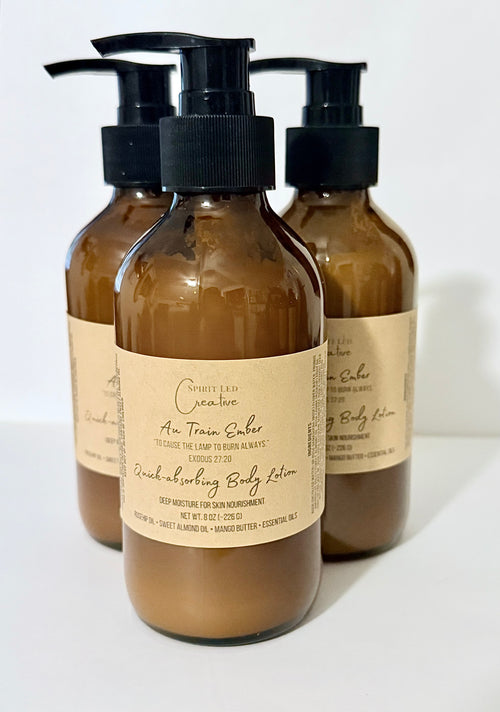 Natural botanical body lotion with Au Train Ember warm amber and resin essential oil blend | Spirit Led Creative

