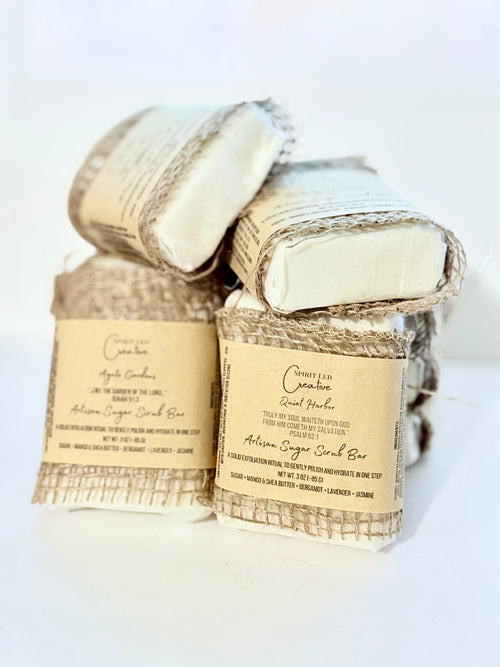 Natural botanical exfoliating body bar with Quiet Harbor and Agate Gardens essential oil blend | Spirit Led Creative

