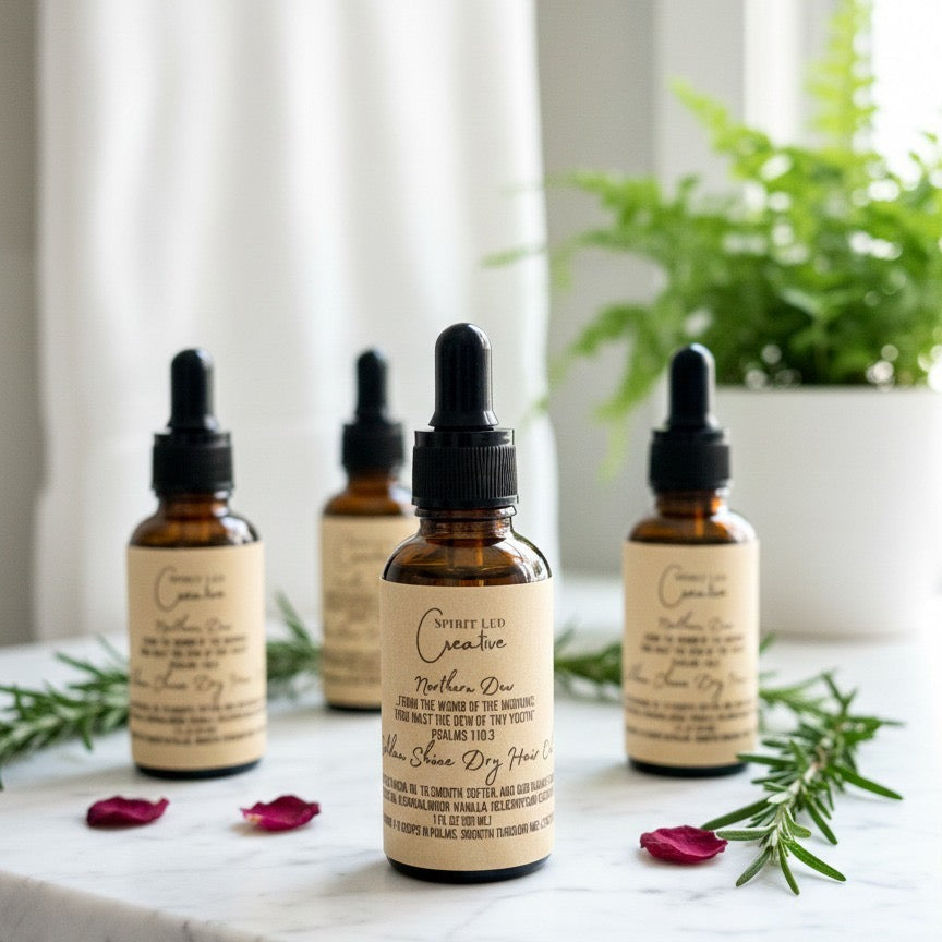 Golden Shine dry hair oil bottle on styled surface for daily hair nourishment | Spirit Led Creative Michigan

