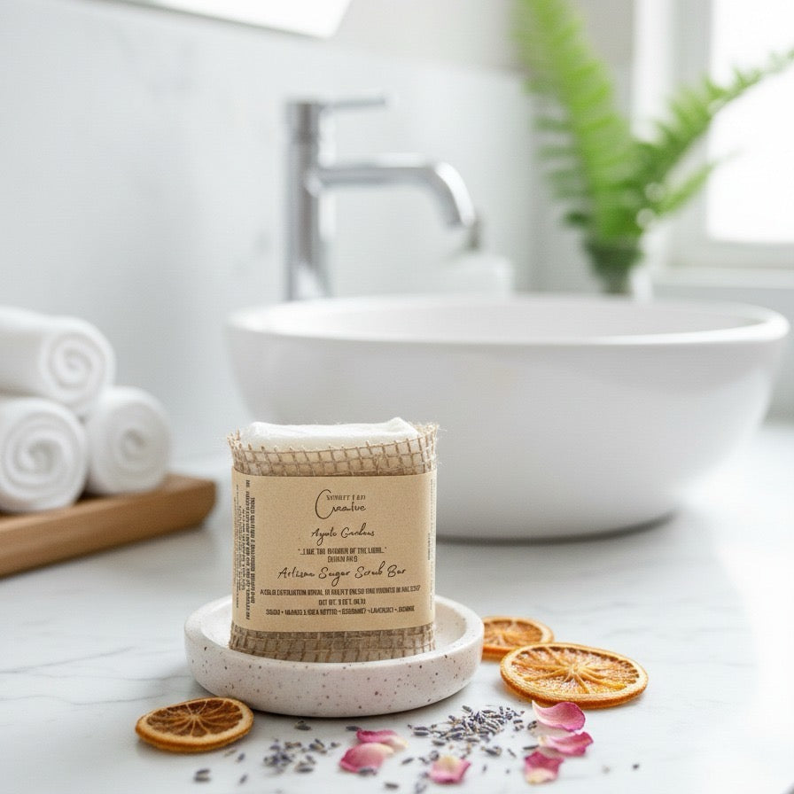 Agate Gardens sugar scrub lotion bar with bright botanical essential oils for exfoliating and moisturizing | Small batch, Michigan made