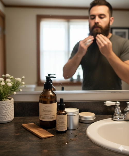 Spirit Led Creative Ironwood Depths beard balm displayed on natural surface with Beardruff Care Beard Wash and Quiet Harbor Beard Serum | Michigan made

