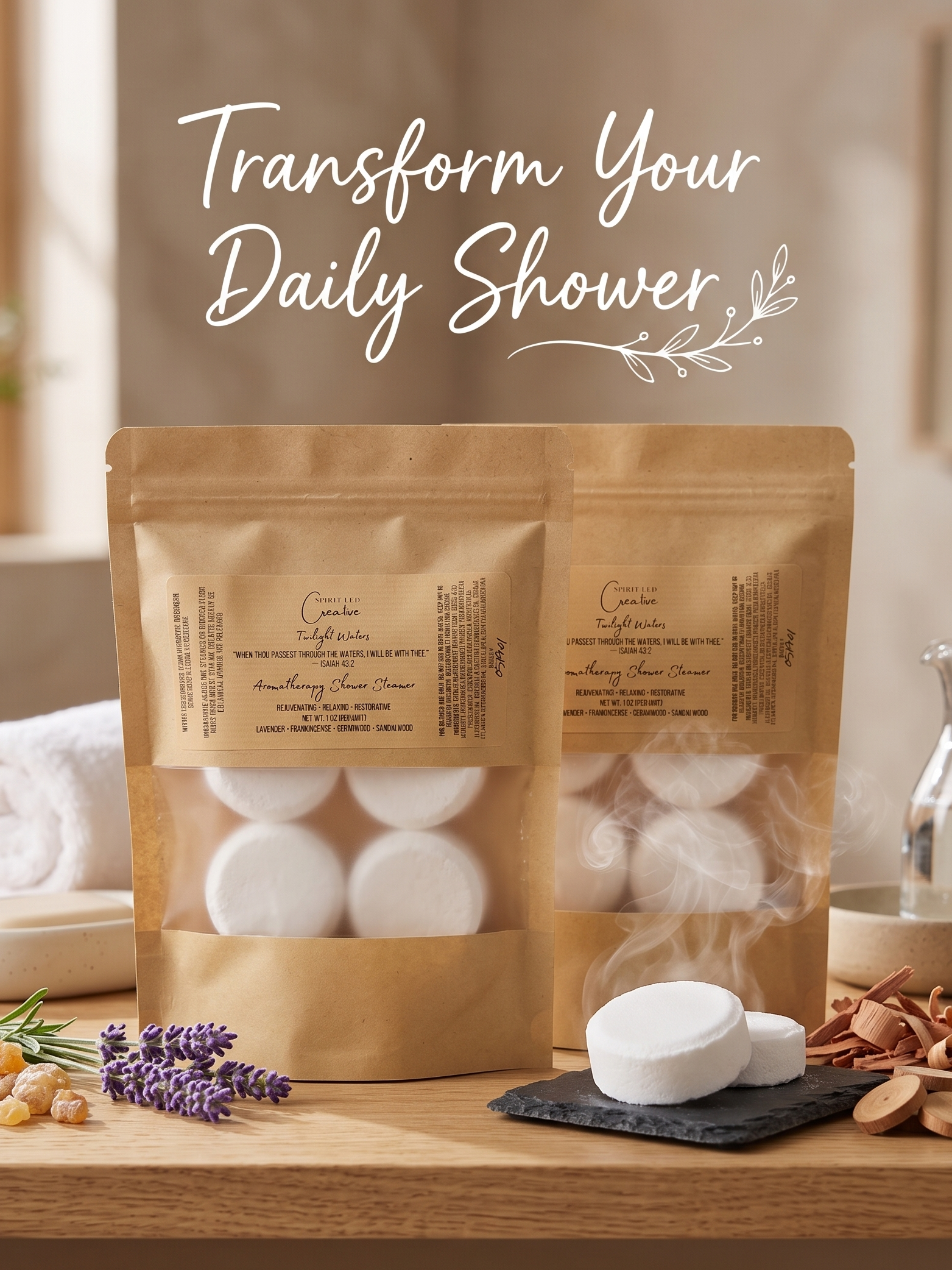 Shower steamer pucks in natural paper packaging upon a wood table bathroom scene with botanicals. Spirit Led Creative. Made in Michigan. Small Batch. Essential oils