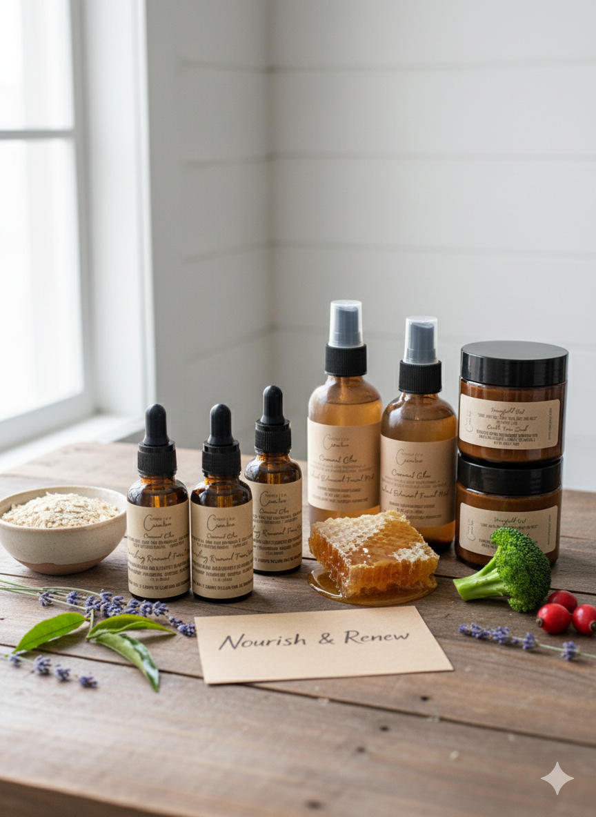 Collection of natural Spirit Led Creative skincare products and ingredients on a wooden surface for Spring Transition Glow Bundle 