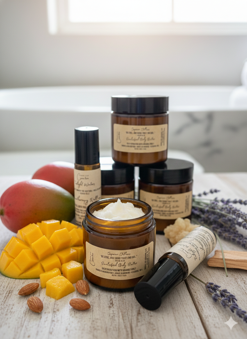 Assorted Spirit Led Creative skincare products on a wooden surface with fruits and flowers | Michigan made small-batch 